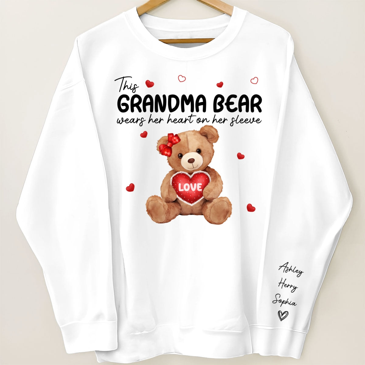 Grandma Mom Auntie Bear Wears Her Heart On Her Sleeve Personalized Sleeve Printed Sweatshirt