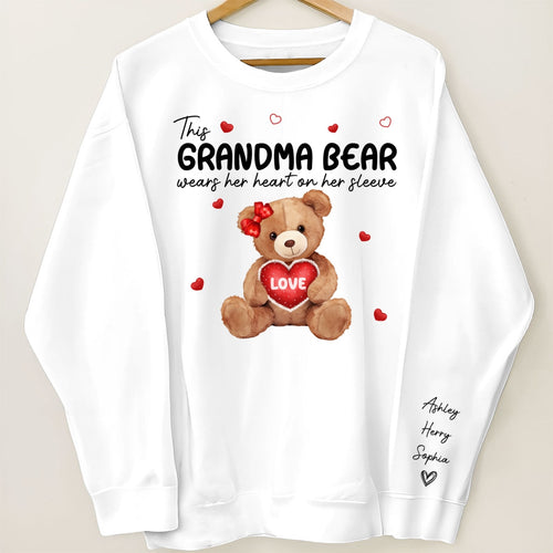 Grandma Mom Auntie Bear Wears Her Heart On Her Sleeve Personalized Sleeve Printed Sweatshirt