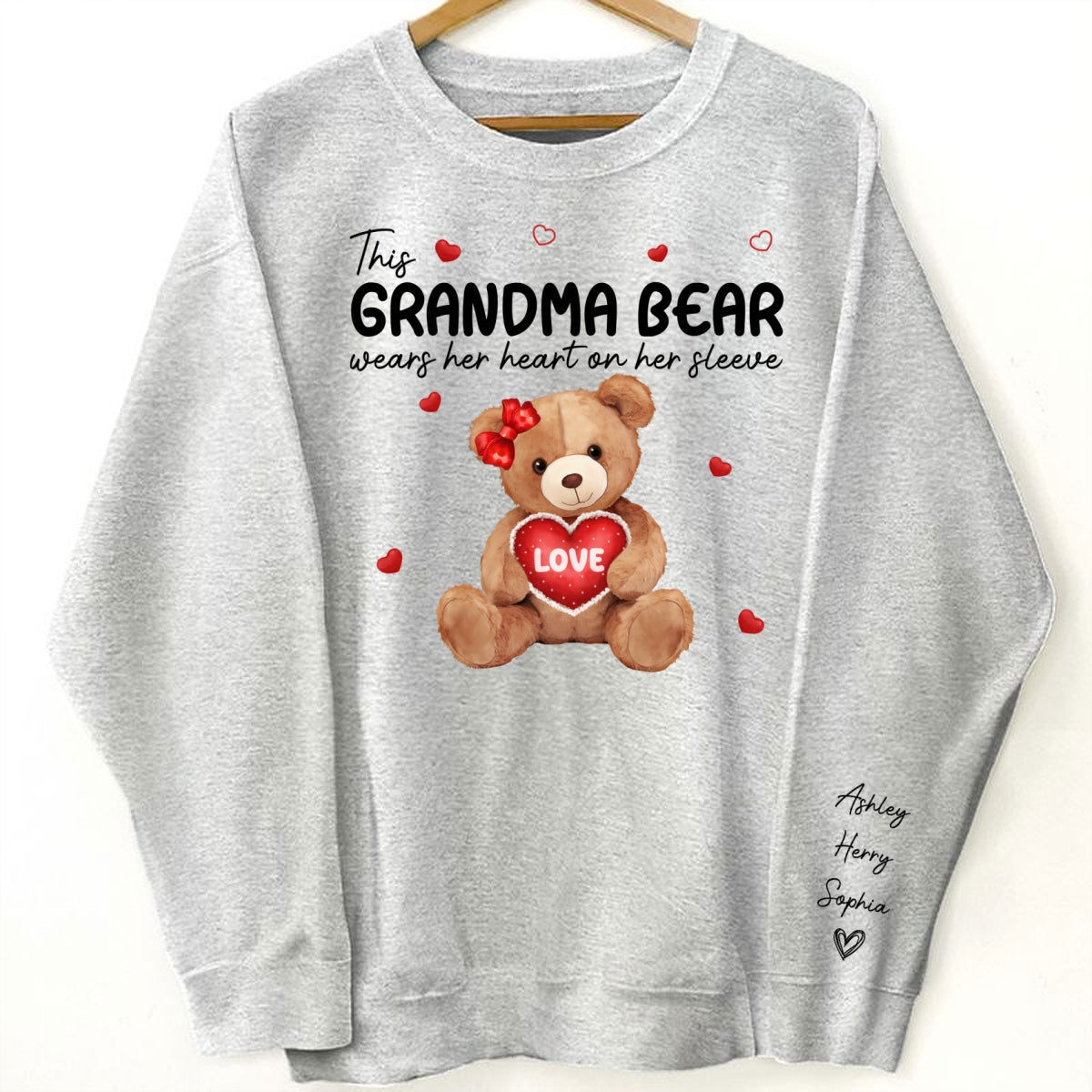 Grandma Mom Auntie Bear Wears Her Heart On Her Sleeve Personalized Sleeve Printed Sweatshirt