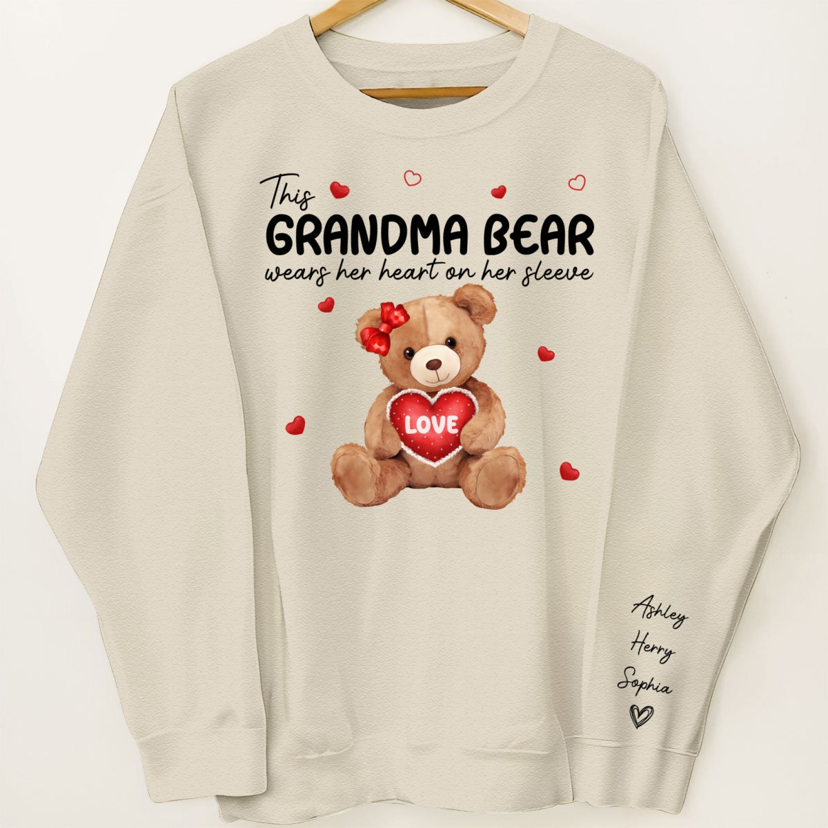Grandma Mom Auntie Bear Wears Her Heart On Her Sleeve Personalized Sleeve Printed Sweatshirt