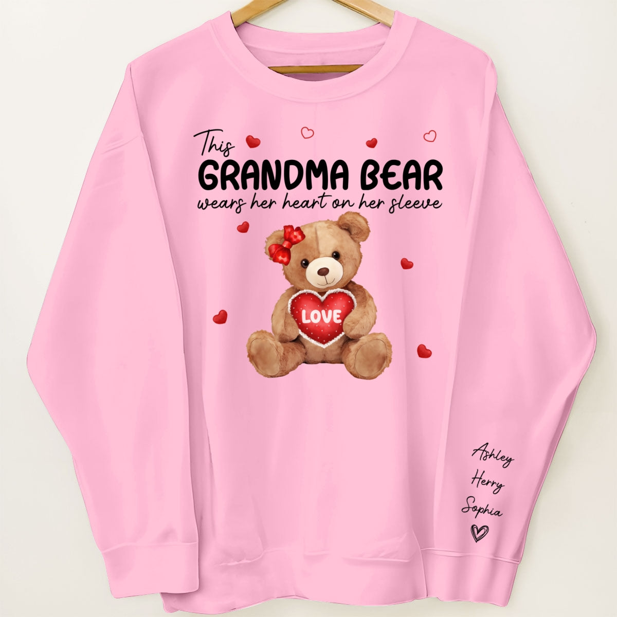 Grandma Mom Auntie Bear Wears Her Heart On Her Sleeve Personalized Sleeve Printed Sweatshirt
