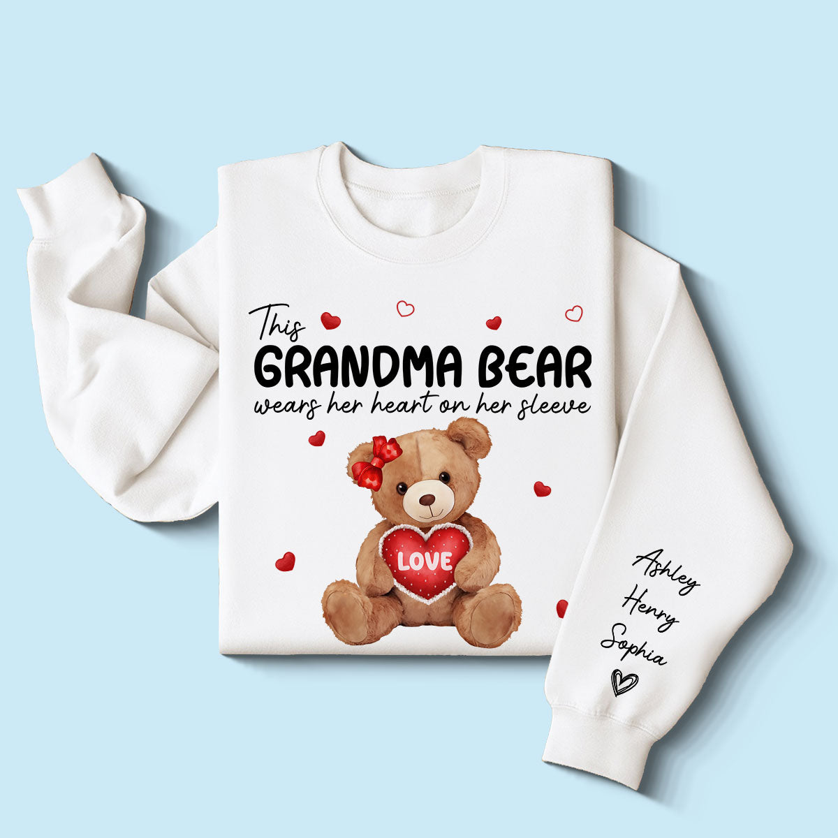 Grandma Mom Auntie Bear Wears Her Heart On Her Sleeve Personalized Sleeve Printed Sweatshirt